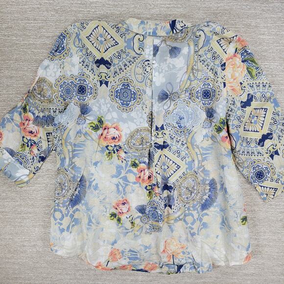 Chicos Tunic Top Womens 3 No-Iron Linen Floral Paisley Loop-Back Button Down - Picture 9 of 16